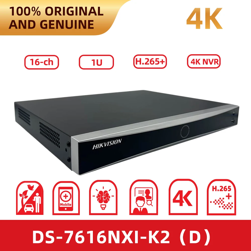 Hikvision DS-7616NXI-K2 16-Channel 4K NVR with AcuSense AI H.265+ 160Mbps Dual 2SATA HDMI VGA ONVIF Network Video Recorder for I