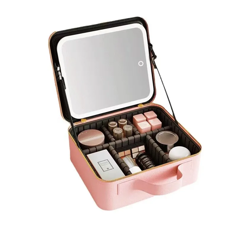 Travel Makeup Bag with Lighted Mirror 3 Color Setting LED Train Case Cosmetic Bag Organizer with Adjustable Divider Brush Board