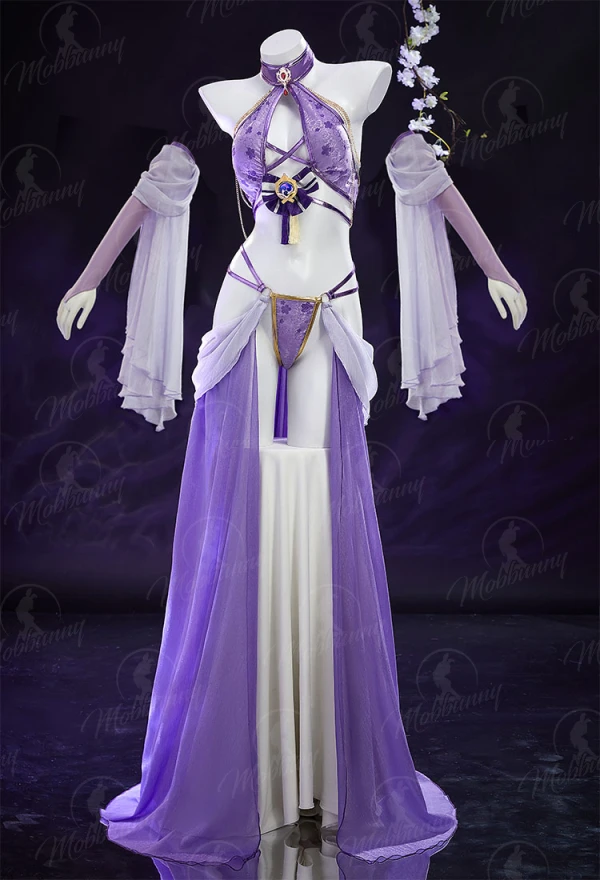 

Mobbunny Women's Raiden Shogun Derivative Sexy Dancer Style Lingerie Set Cross Hollow Top with Skirt Panty and Sleeves Costume