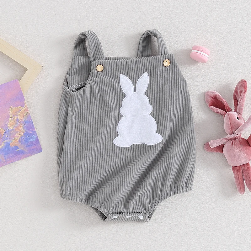 Infant Baby Girl Easter Corduroy Romper Square Neck Button Down Rabbit Patch Appliques Tank Top Jumpsuit Toddler Overalls