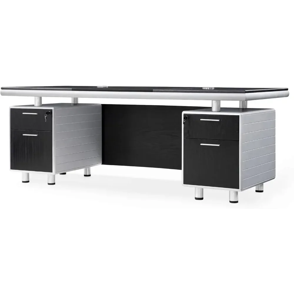 

Furniture Modern Kennedy Executive Desk with Silver Accents and Filing Storage Pedestals - Black American Oak Wood