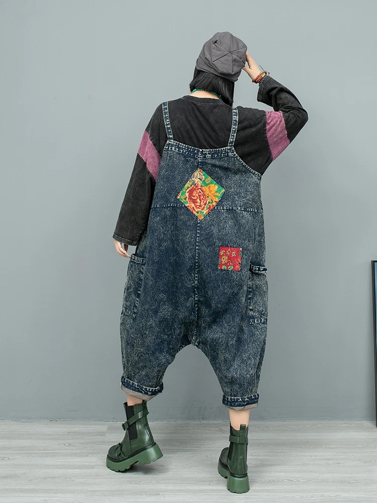 New Fashion Patchwork Pockets Embroidered Appliqué Denim Jumpsuits Women's Autumn Loose High-waisted Streetwear One-piece Pants