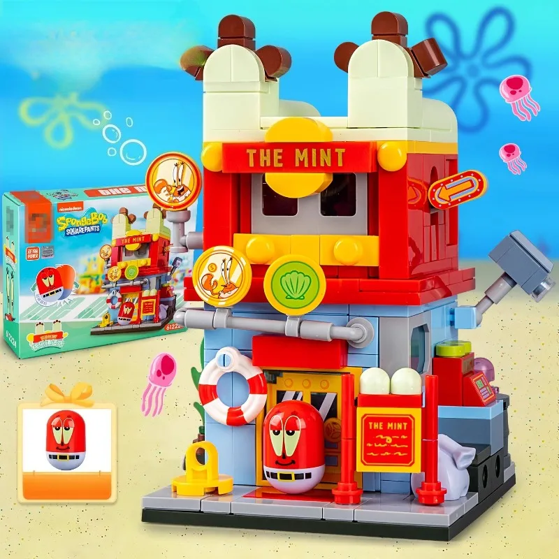 SpongeBob SquarePants Building Blocks City Streetview บ้านแฮมเบอร์เกอร์ Art Gallery Ice Cream Shop อิฐเด็ก DIY ของเล่นของขวัญ