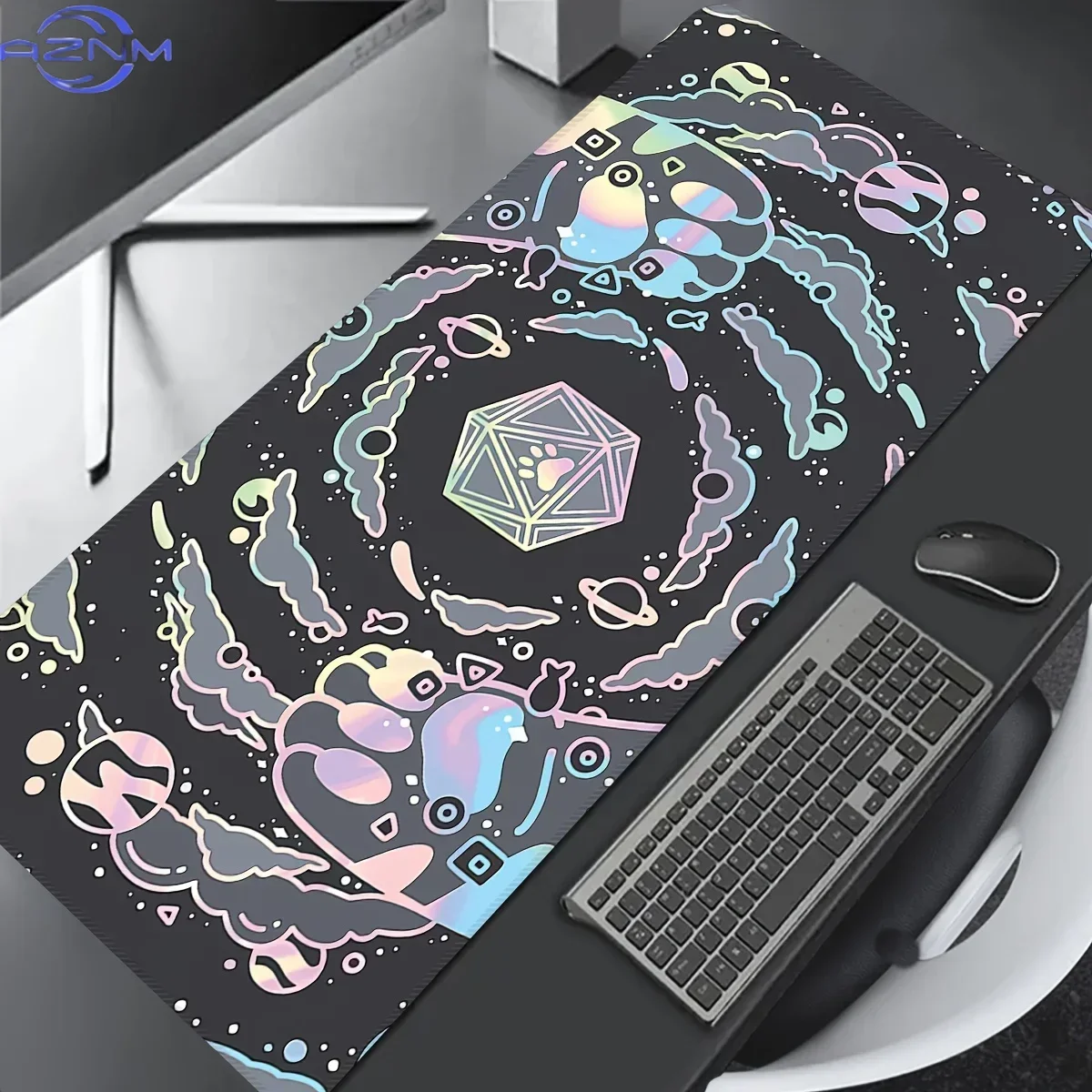 Iridescent Cosmic Paw‑print Large Gaming Mouse Pad, Galaxy Space Pattern Non‑Slip Extended Keyboard Desk Mat
