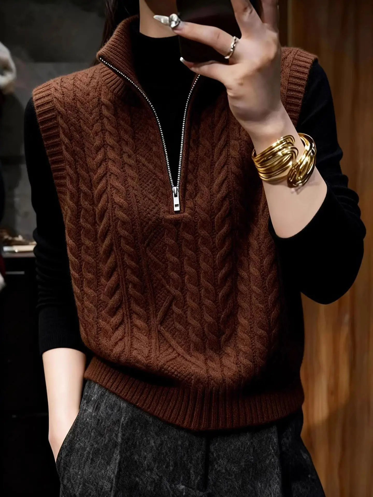 Skin-friendly Cashmere Knitted Vest Half Zip Casual Layering Base Shirt Commute Style Regular Length Simple Design Winter Top