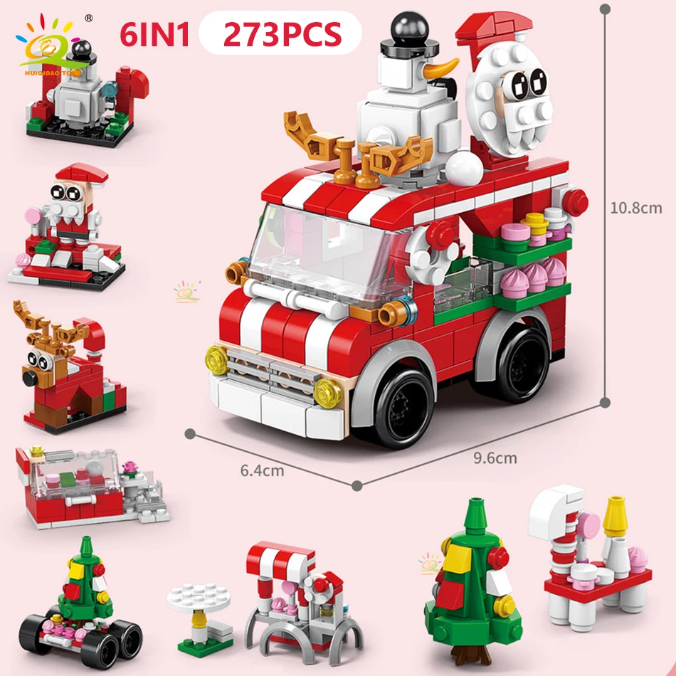 HUIQIBAO 6IN1 Kerst Elanden Herten Kerstman Bouwstenen Stad Sneeuw Huis Kerstboom Bricks Set Speelgoed voor Kinderen Kids Gift
