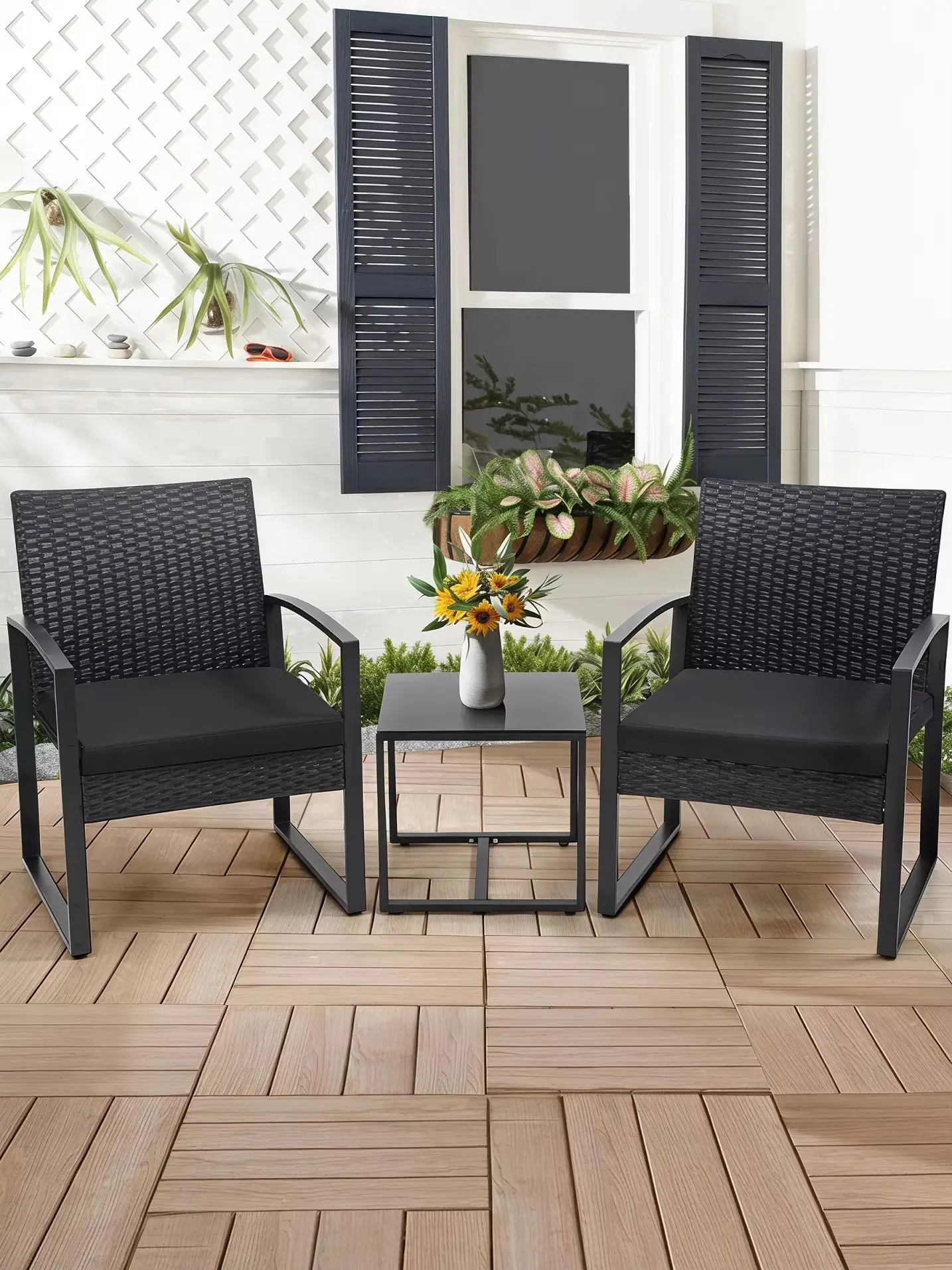 3 Pcs Outdoor Wicker Patio Bistro Set Conversation Furniture with Coffee Table Cushions for Garden Pool Balcony Backyard