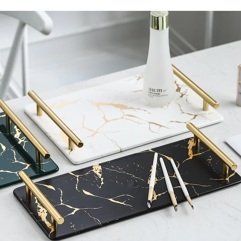 Golden Marble Texture Trays Decorative Glazed Ceramics Plates Skincare Jewellery Storage Plate Dressing Table Bathroom Tray