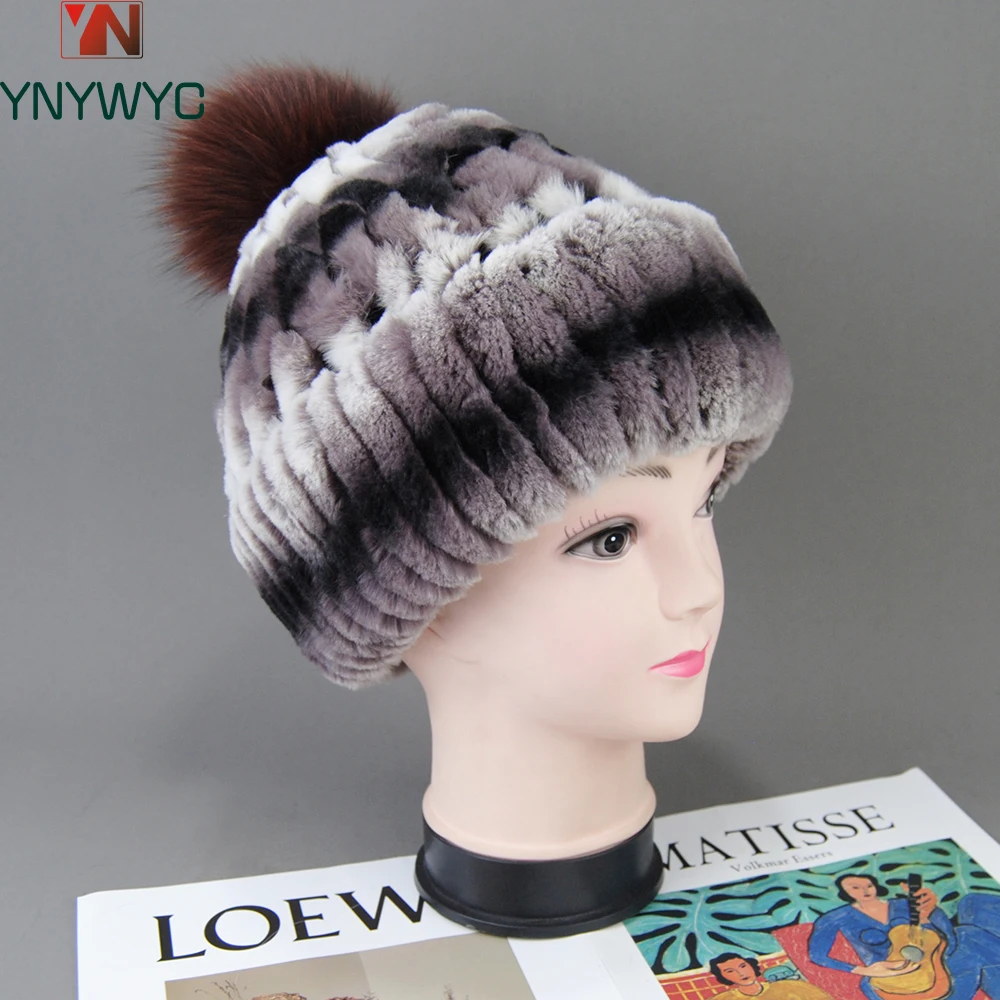 New Winter Women Elasitc Warm Hand Knitted Real Rex Rabbit Fur Caps Fox Fur Pompoms Beanies Cap Natural Real Rex Rabbit Fur Hat