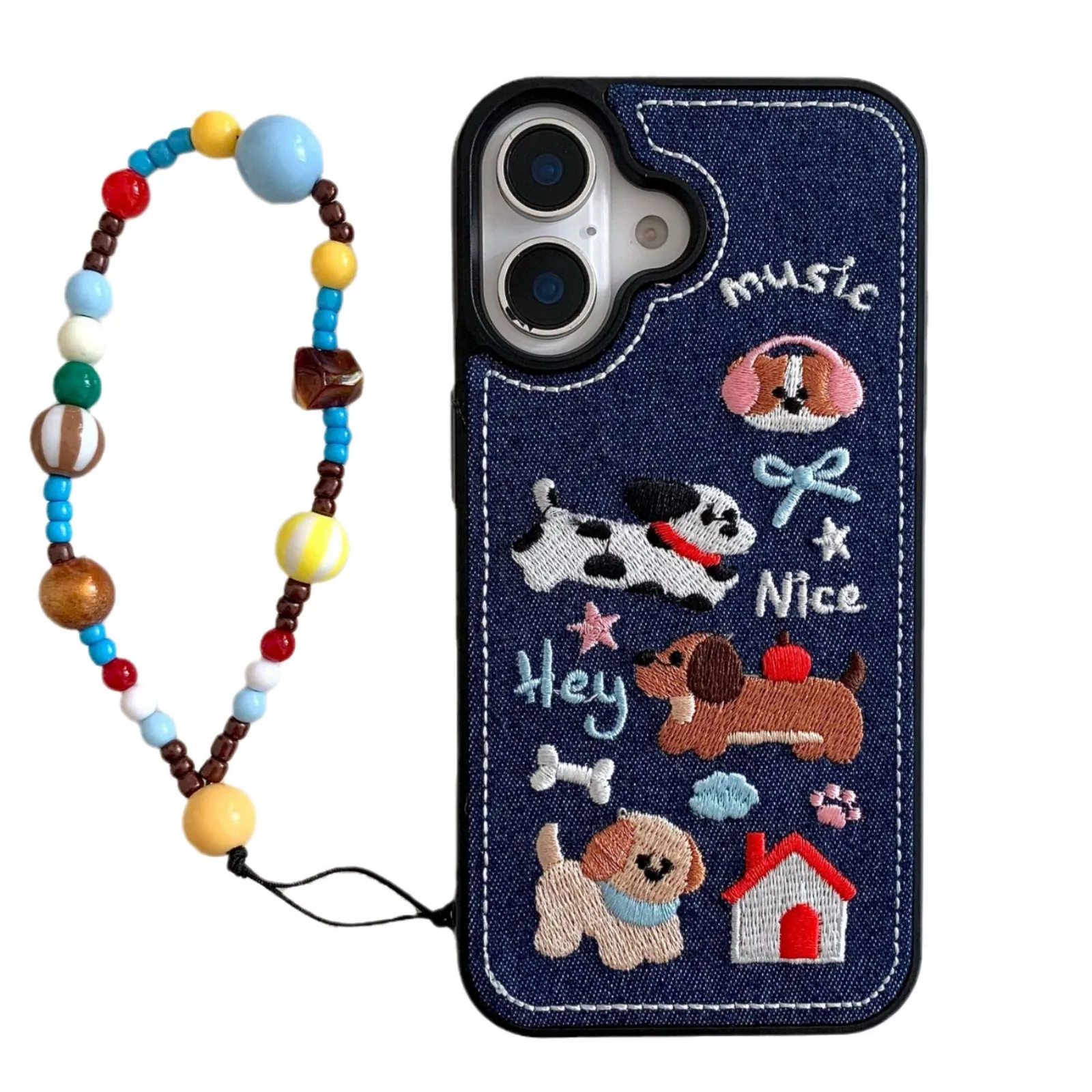 Embroidered Dogs Denim Phone Case For iPhone 16 15 14 13 Pro Max Full Cover