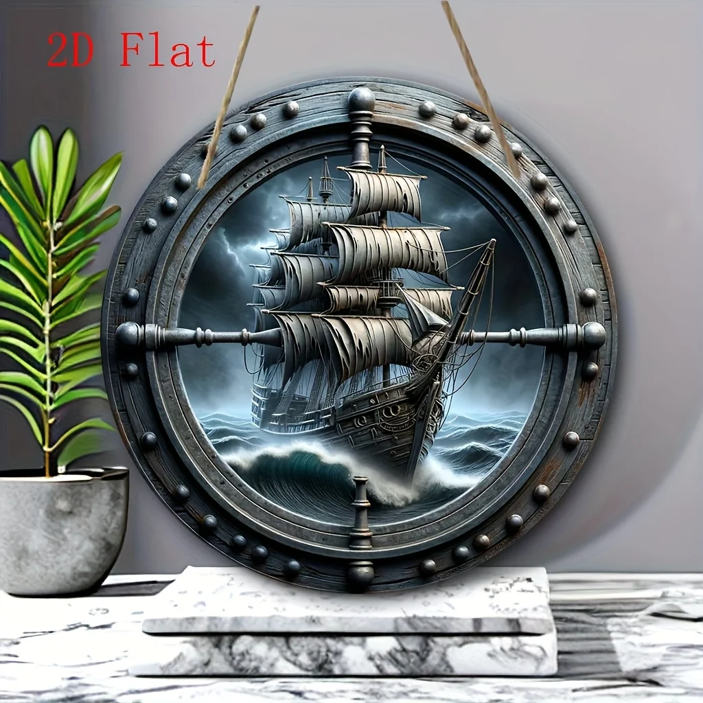 Classic Pirate Ship Wooden Wall Hanging Sign, 2D Printing, Multipurpose, Manufactured Wood, Wall Hanging, Use Without Electricit