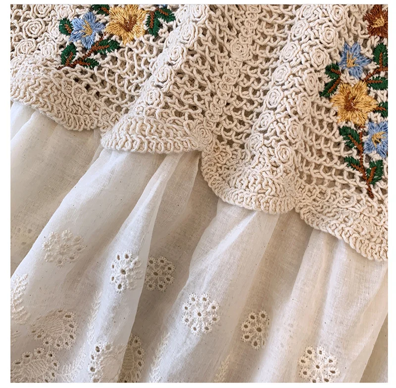 Bluzka na ramiączkach z haftem kwiatowym, szydełkowa, z ażurową koronką, bufiaste rękawy, top typu babydoll, damski, młodzieżowy, letni, fairycore, cottagecore, strój