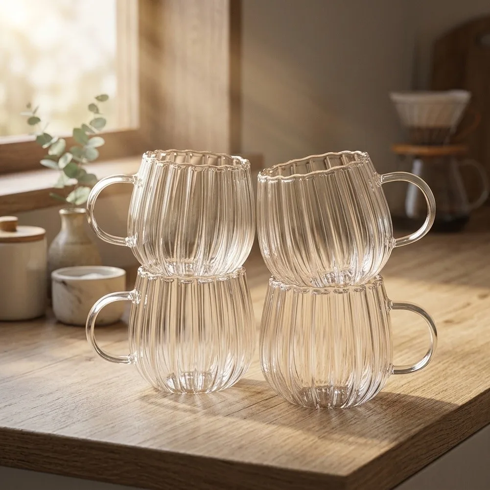 4 Transparent Glass Cups with Continuous Vertical Texturing and Rounded Scalloped Rim for Tabletop Presentation