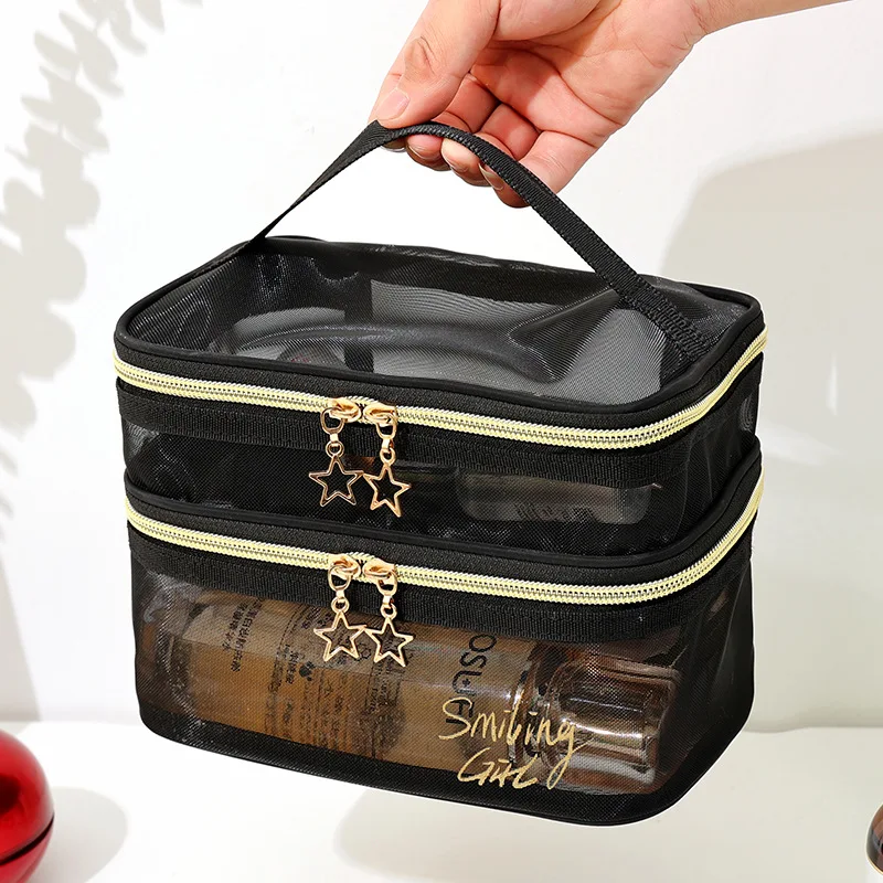 Big Size Double Layer Mesh Makeup Bag Women Cosmetic Bag Organizer Transparent Travel Makeup Wash Bag Beauty Case Toiletry Kit