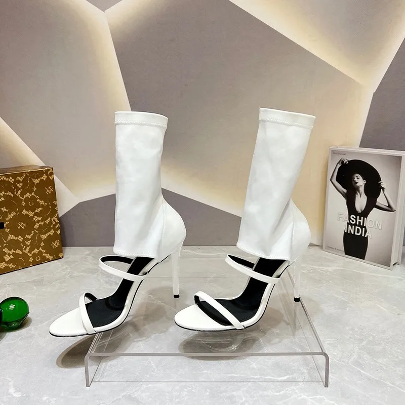 Botas elásticas antideslizantes con punta abierta para mujer, zapatos de tacón alto fino, color blanco, diseño de moda de verano