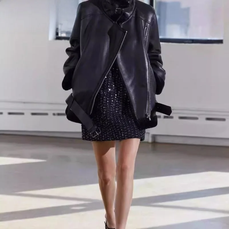 เสื้อโค้ทหนังและขนสัตว์สองด้านสำหรับผู้หญิงแขนยาวคอปกใหม่ฤดูใบไม้ร่วงฤดูหนาวแฟชั่นสตรีททรงหลวม
