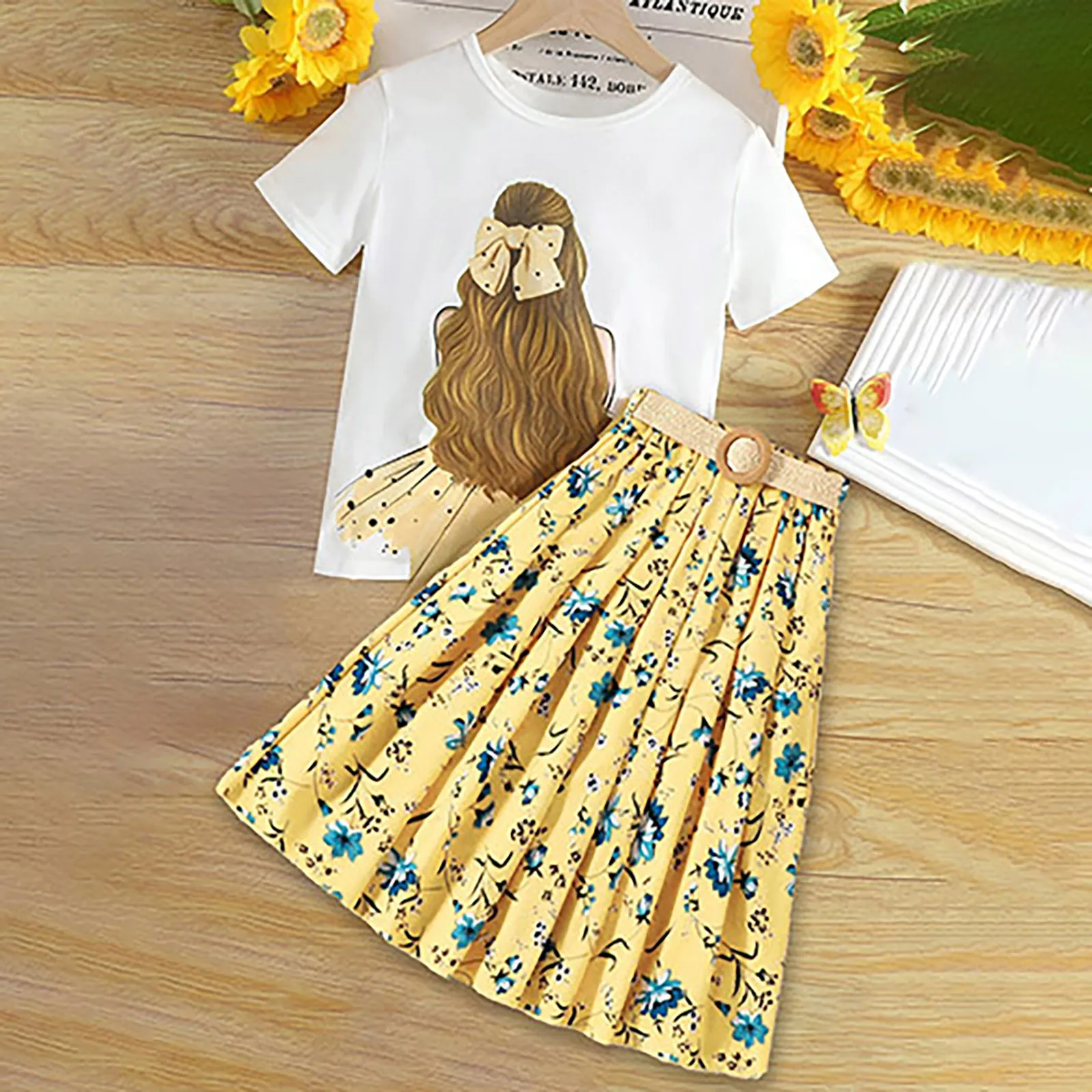 Children's Girls Printed Short Sleeve TShirts Tops+Floral Pleated Long Skirt Two Pieces Set Kids Girls Clothing 7T,8T,9T,10T,11T