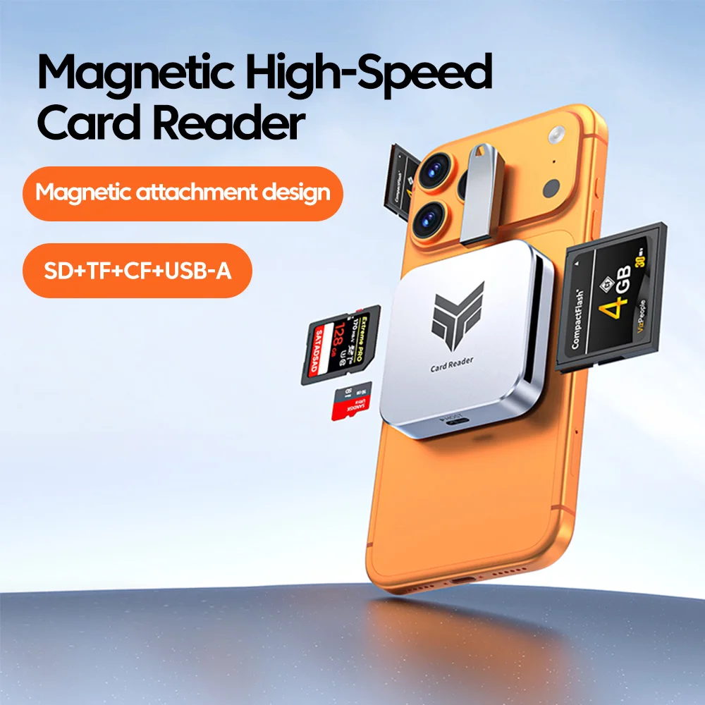 MagSafe CF Card Reader 4-in-1 Compatible with Apple Type-C USB 2.0 for Mobile Phones Tablets SD/TF/USB Flash Drive with C-C Cabl