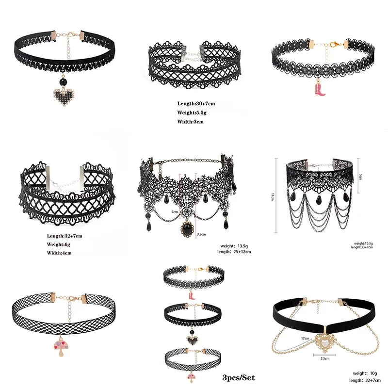 Gothic Sexy Openwork Lace Choker Necklace Jewelry for Women Fashion Zircon Crystal Punk Heart Pendant Clavicle Chain on The Neck