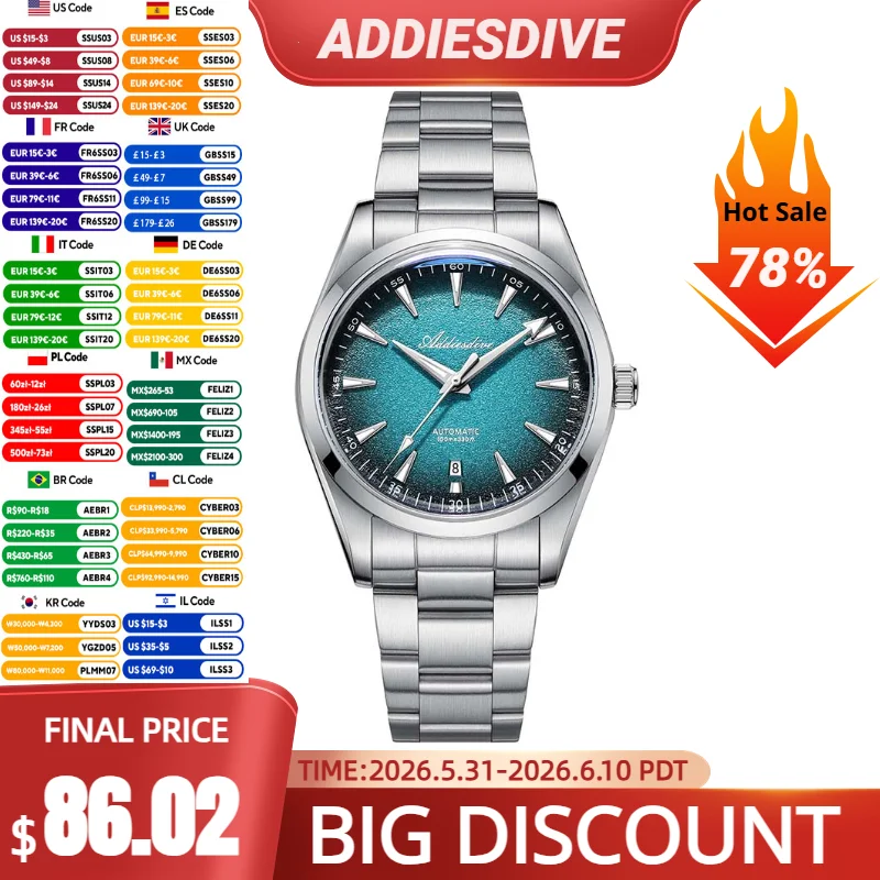 

ADDIESDIVE Automatic Watch For Men Japan 8215 Gradient Blue Stainless Waterproof 10Bar Mechanical Watches Luminous Dress Watch