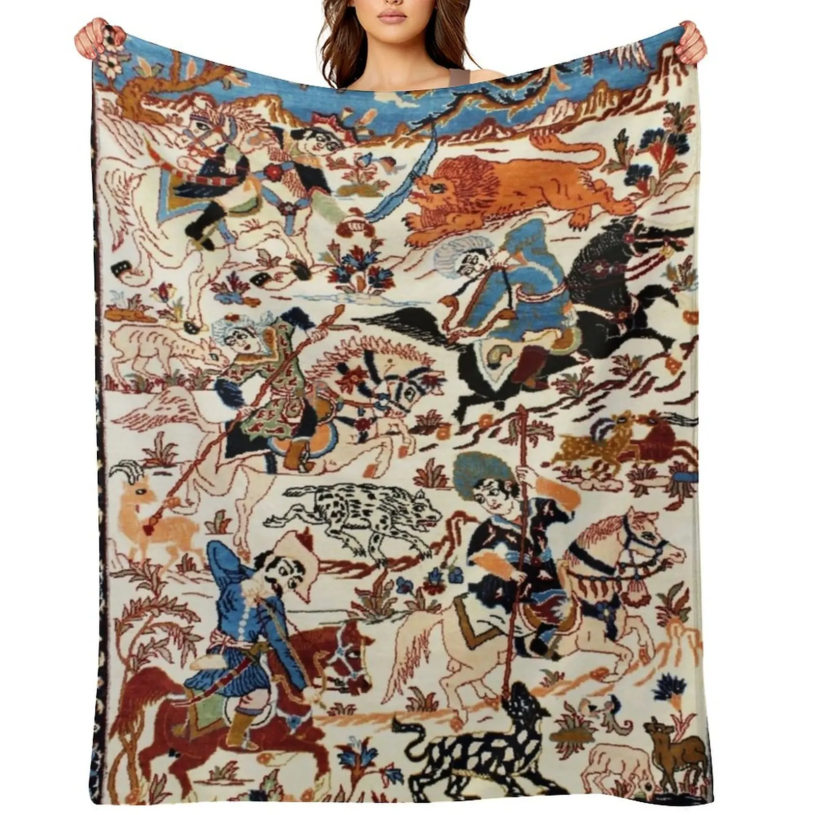 

Blue Antique Persian Isfahan Silk Rug with Flowers Animals Print Throw Blanket Large Flannels Blankets For Baby manga Blankets