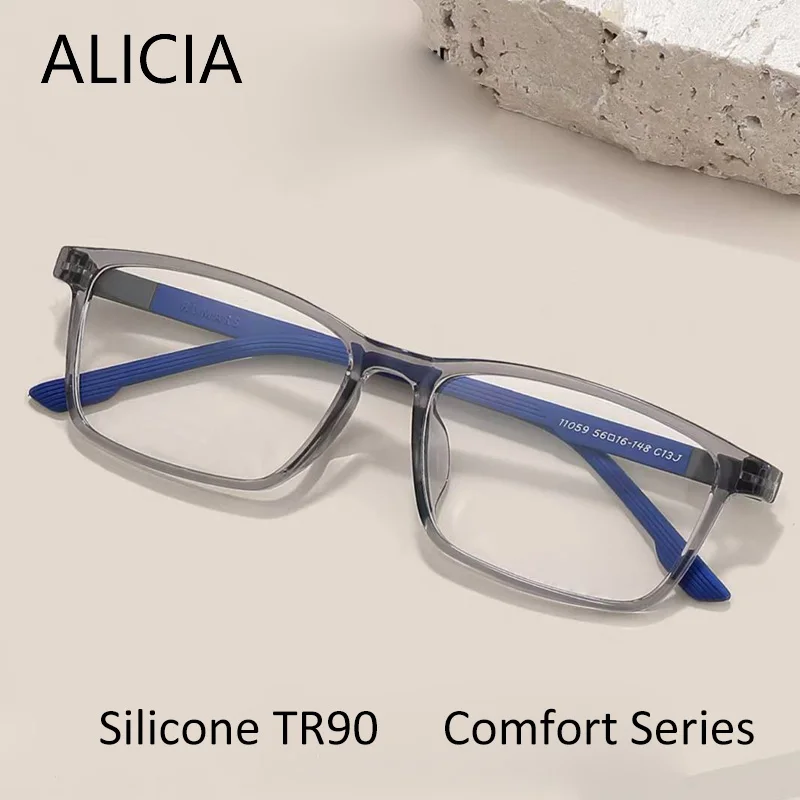 

ALICIA Man Fashion Comfortable silicone Square Full Frame Ultra light TR90 Eyewear Optical Prescription Glasses Frames Big Size