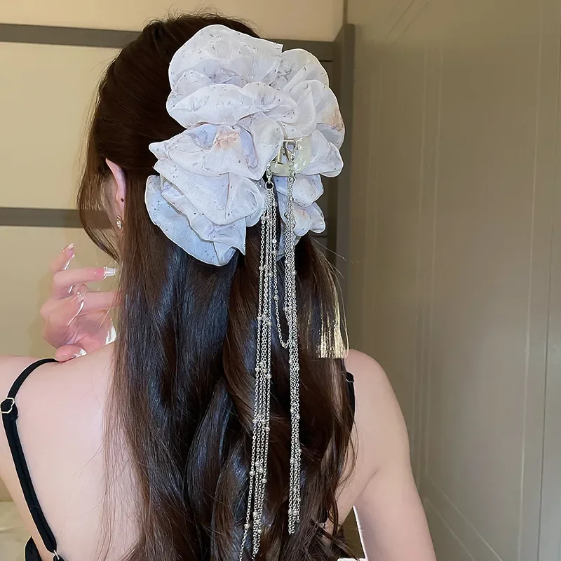 Female Mesh Bow Tie Tassels Grip Hairpin Shark Hair Clip Headwear Girl Kawaii Hair Accessories for Women Super Sweet Hair Claw - Image 4