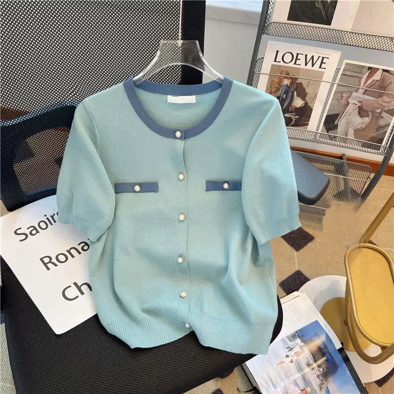 Women Stylish Contrast Color Sweet Chic Beaded Button Knitwear New Summer Elegant Casual O Neck Short Sleeve Loose Ice Silk Tops