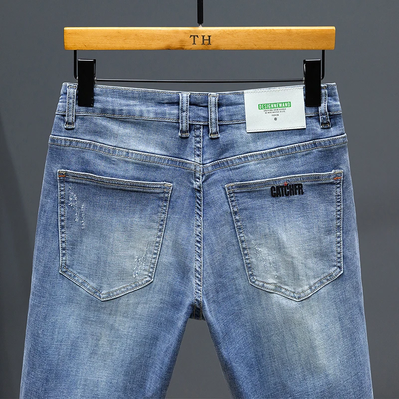 SHAN BAO 42 44 46 48 Mens Plus Size Denim Shorts Summer Brand High Quality Cotton Stretch Straight Loose Casual Shorts Blue