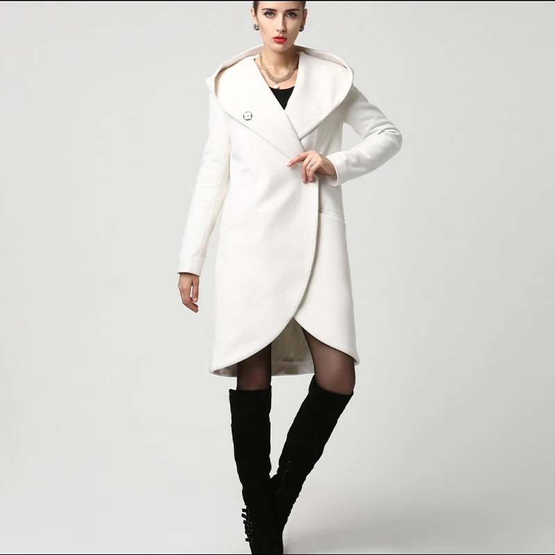 Casual White Wool Coat, Women's Short Hooded Winter Wrap Coat, Fashion Apparel