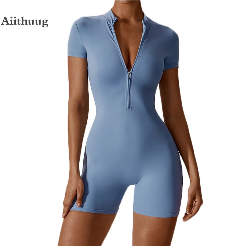 

Aiithuug Zipper Yoga Jumpsuits Gym Shorts Workout Bodycon Sports Suits Tennis Short Fitness Bodysuits Pilates Suit Compress