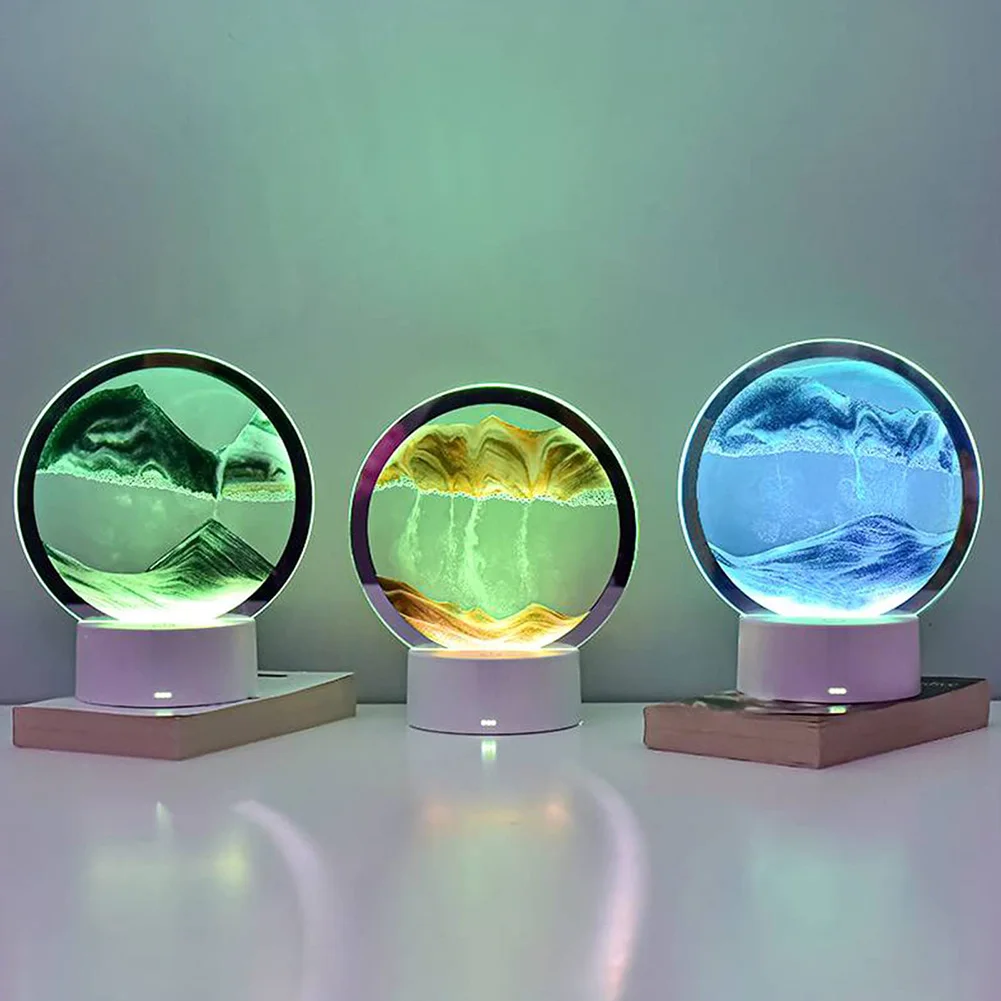 Moving Sand Art Picture Round Table Lamp 3D Dynamic Sand Painting Dynamic Sand Night Light Home Decoration Gift