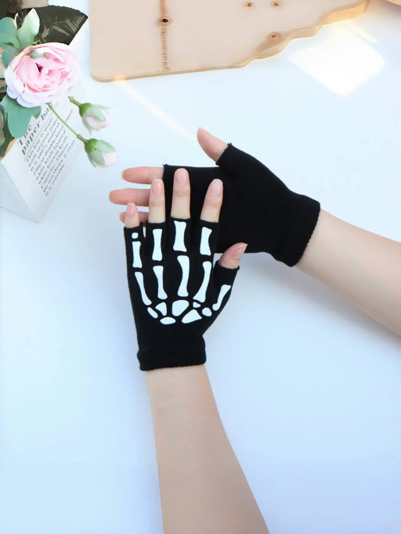 New Adult kids Halloween Skull Half-finger Punk Gloves Winter Skull Fingerless black gloves