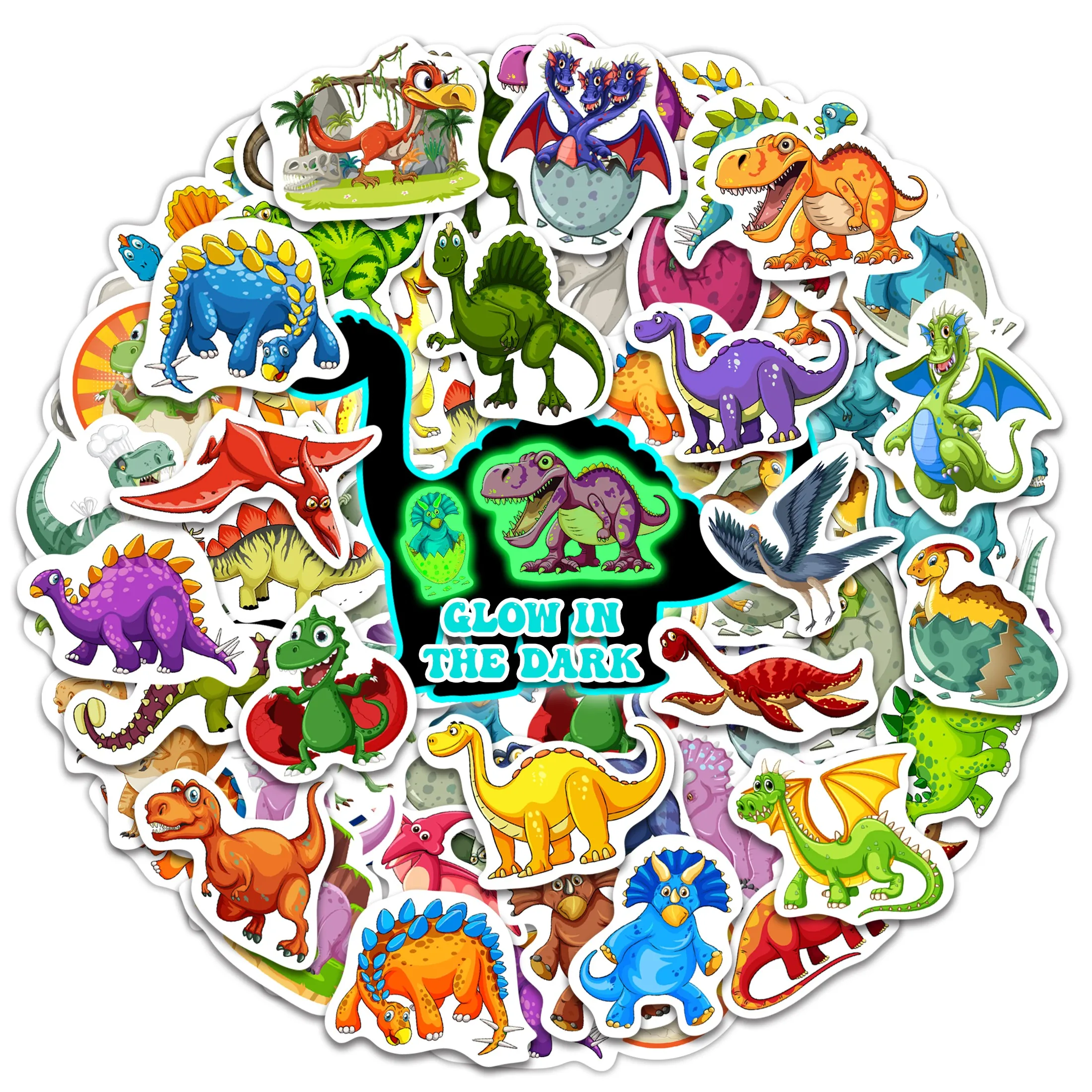 50 Pcs Glow-in-the-Dark Watercolour Dinosaur Stickers, Cartoon Fun Self-Adhesive Waterproof Stickers, Water Bottle Stickers