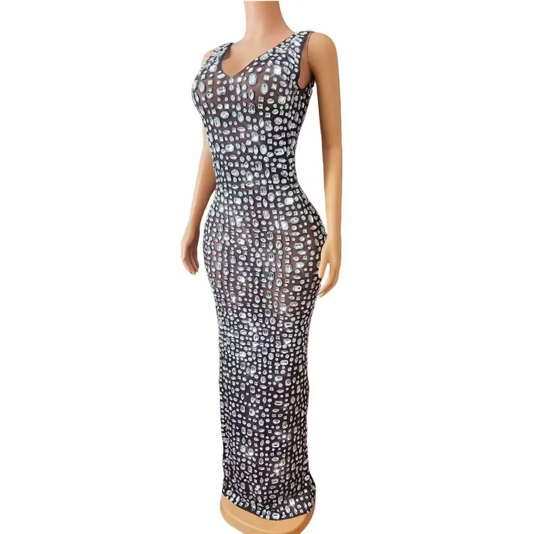 Seksowna, błyszcząca sukienka z siateczki z dżetami, na wieczór, urodziny, wesele, do świętowania, suknia na czerwony dywan, elegancka odzież sceniczna.