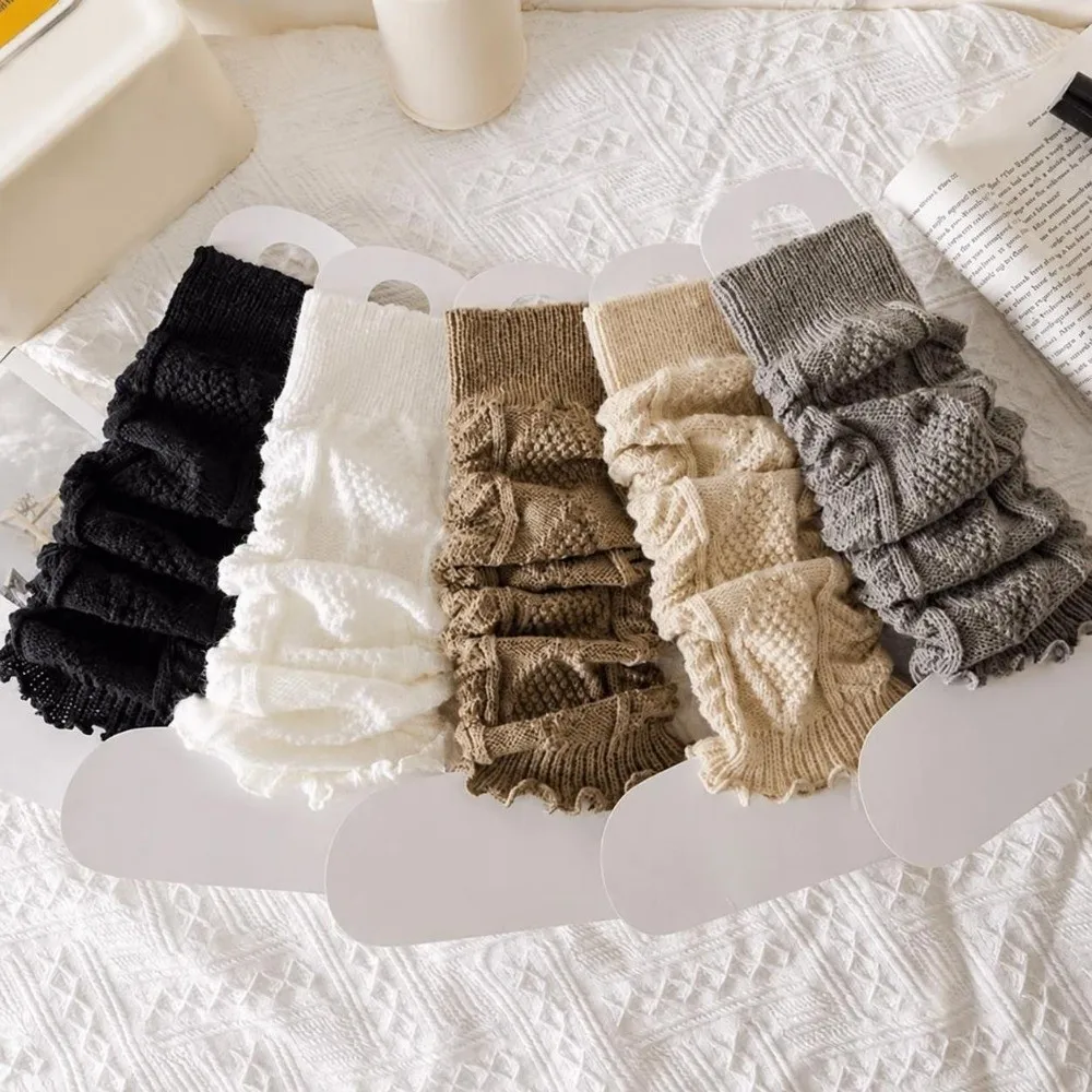 Cute Knitted Knee Socks Vertical Stripe Solid Color Knee Sleeves Stacked Crochet Design Foot Cover Socks For Women