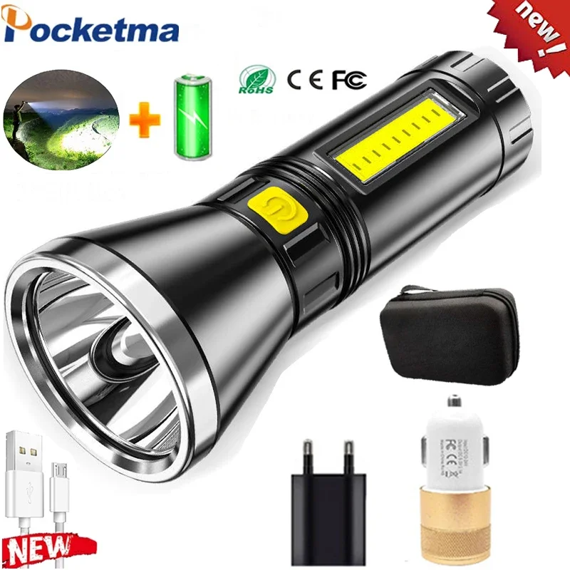 

Portable 4 Modes Lighting USB Rechargeable Flashlight Zoomable Torch Waterproof Flashlights with COB Side Lights Battery