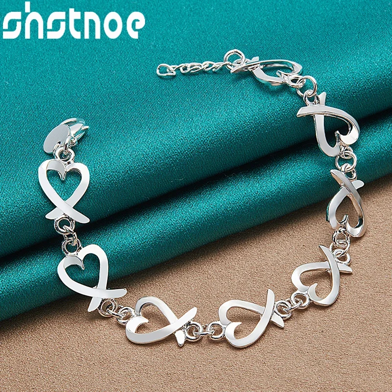 

SHSTONE 925 Sterling Silver Full Heart Chain Bracelets For Women Bridal Birthday Wedding Engagement Fashion Charm Jewelry Gifts