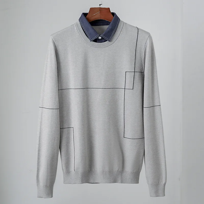 

Мужской модный городской вязаный свитер с двойным воротником, повседневная зимняя теплая длинная футболка све, как искусственный свитер из двух предметов