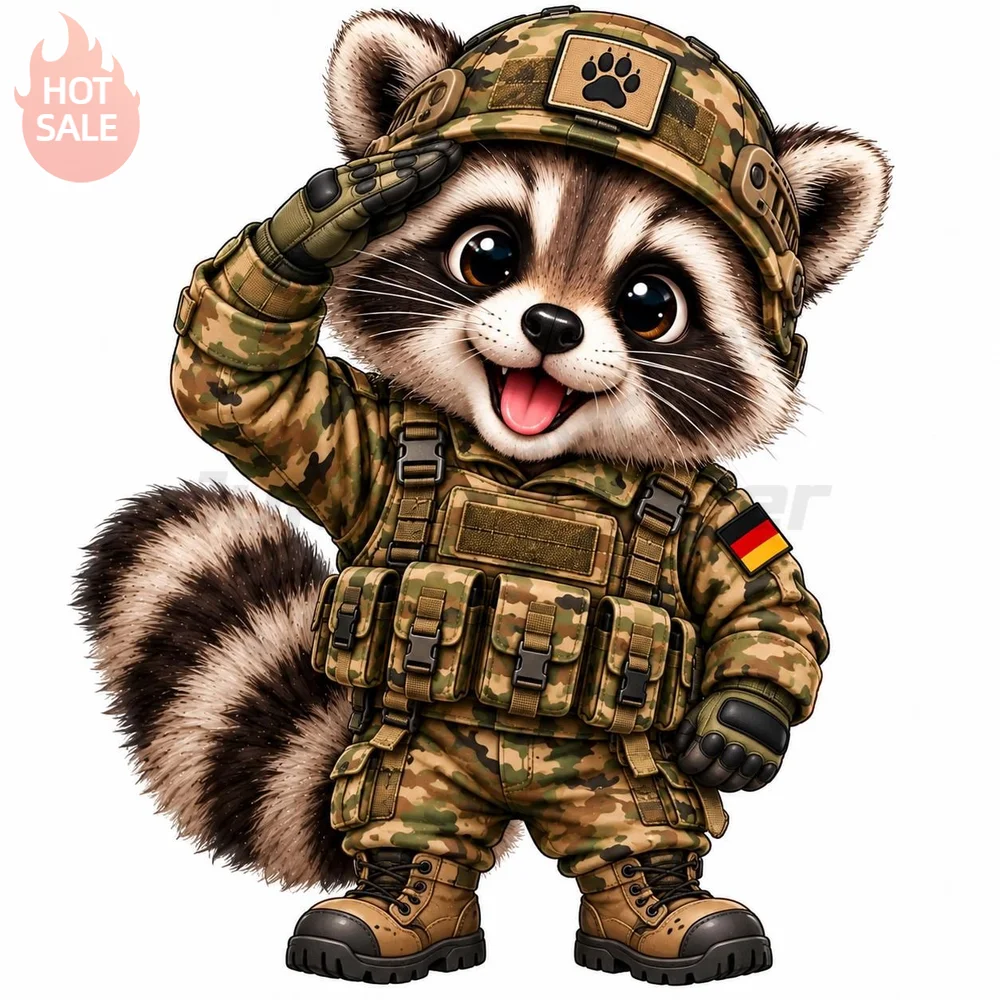 Cute Raccoon Uniform Army Soldier Creative Sticker For Car Window Sun Protection Covers Scratches Vinyl Decal Vehicle Decor