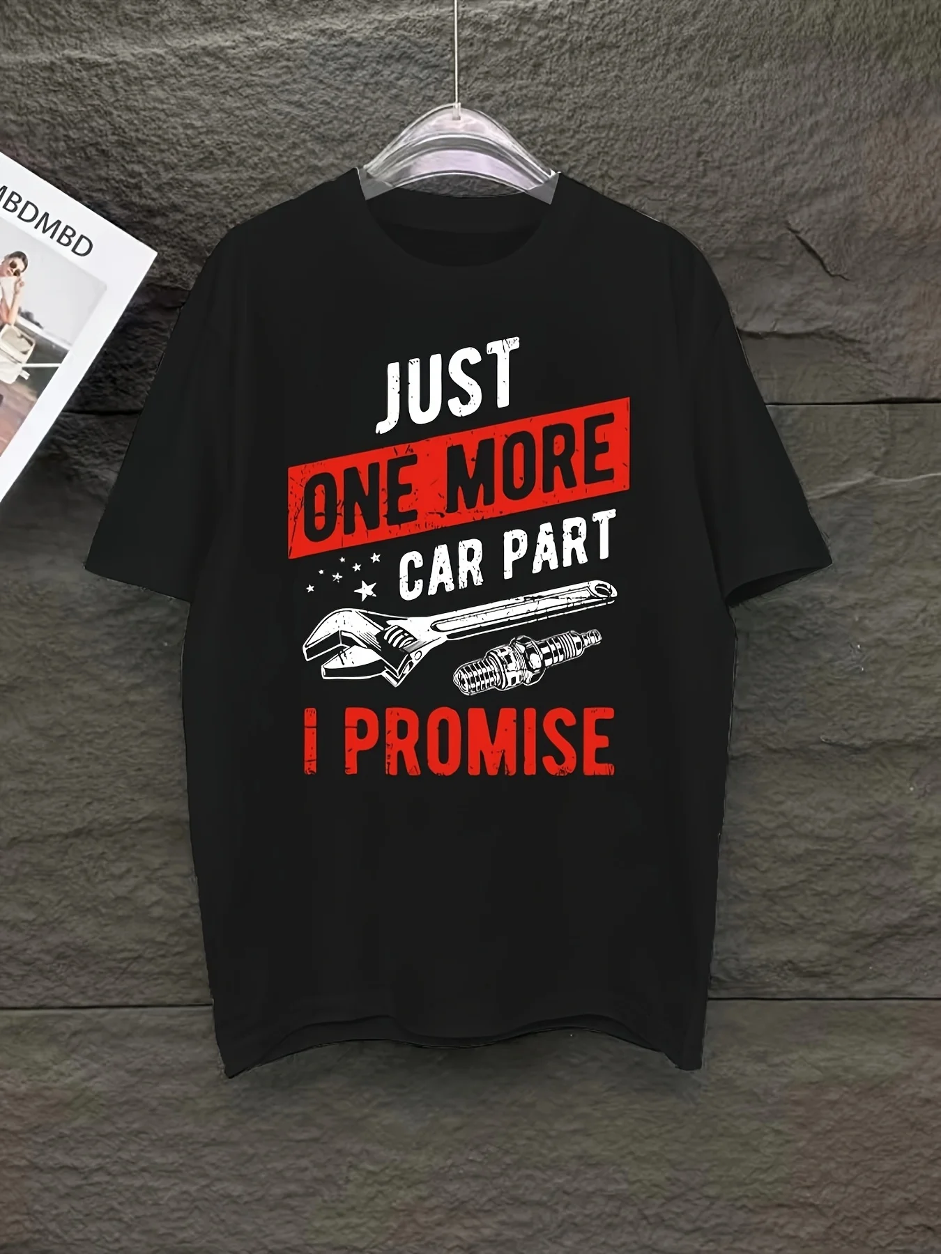 Funny Men's Black Graphic T-Shirt Just One More Car Part I Promise Wrench Spark Plug Mechanic Garage Bold Letter Print 100% Cotton Heavyweight Short Sleeve Casual Streetwear Tee