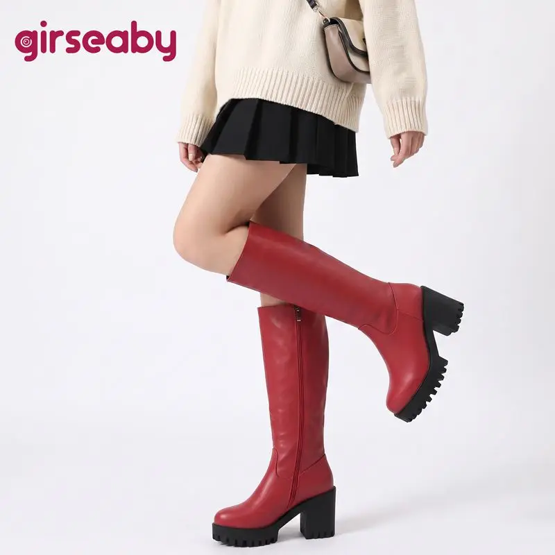 Botas Girseaby Lady Rojas de Caña Alta con Punta Almendrada, Tacón de 8cm, Plataforma de 3cm, Cierre Lateral, Botines para Todo el Día, Tallas Pequeñas y Grandes 33 42 43