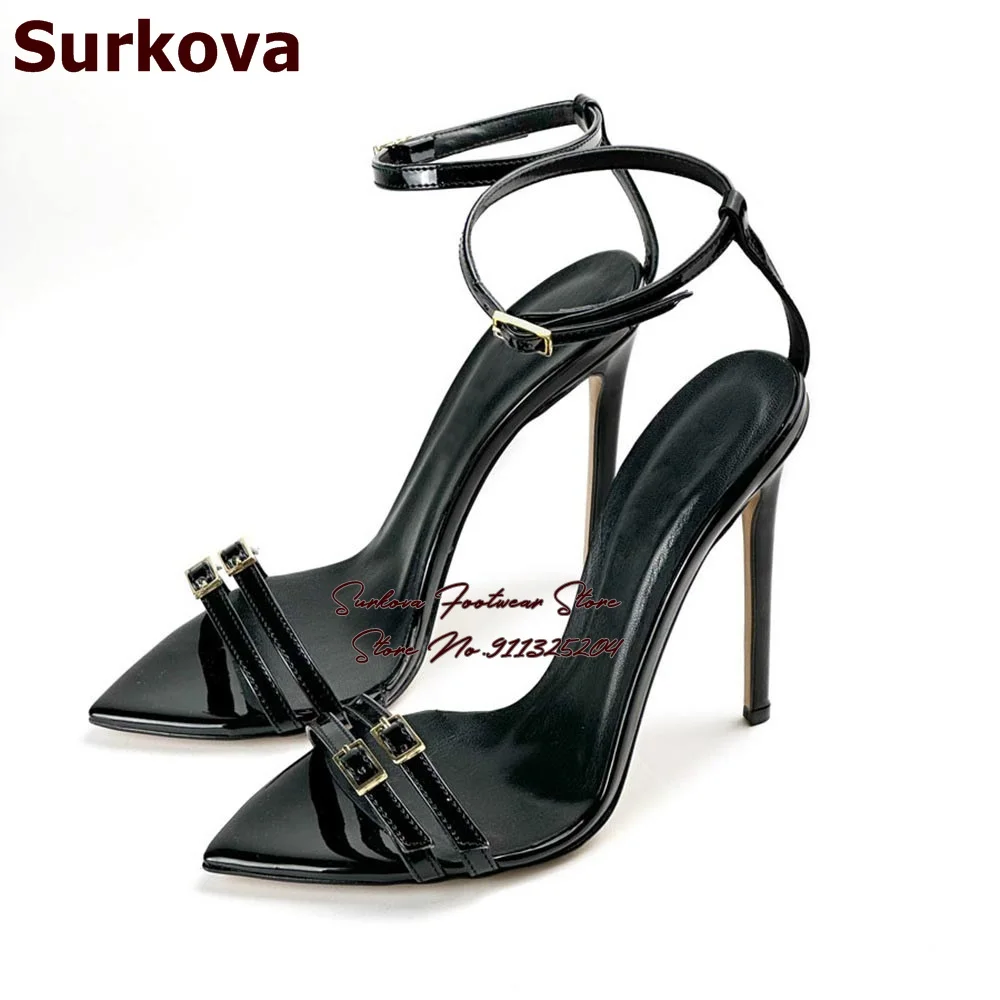 Surkova Black Patent Leather Pointed Toe Sandals Stiletto Heel Double Buckle Strap Dress Pumps Dropship Size46