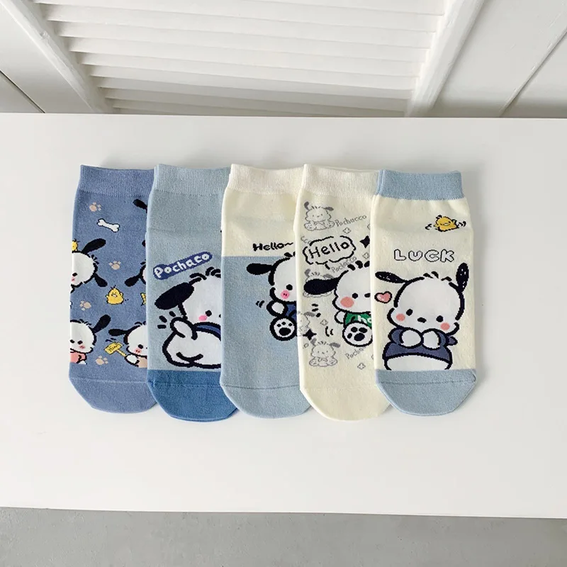 5Pairs Kawaii Kuromi Kids Summer Socks Caroon Thin Cotton Sock Sanrio Pochacco Girls Ultra-Soft Breathable Sock Gift