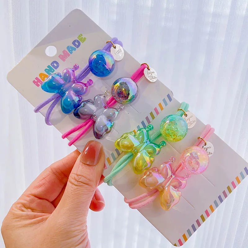 

5PCS Set Kids Resin Butterfly And Ball Hair Ropes Candy Color Rubber Band Elastic Hair Ties Ponytail Holder Scrunchies Headwear