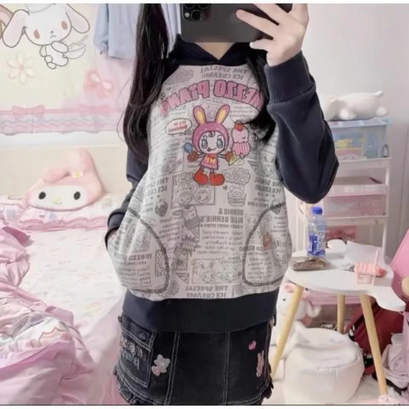 Japanese Harajuku All Match Spliced Color Women Hoodies Sweet Cute Cartoon Print Gothic Tops Moda Vintage High Street Clothes