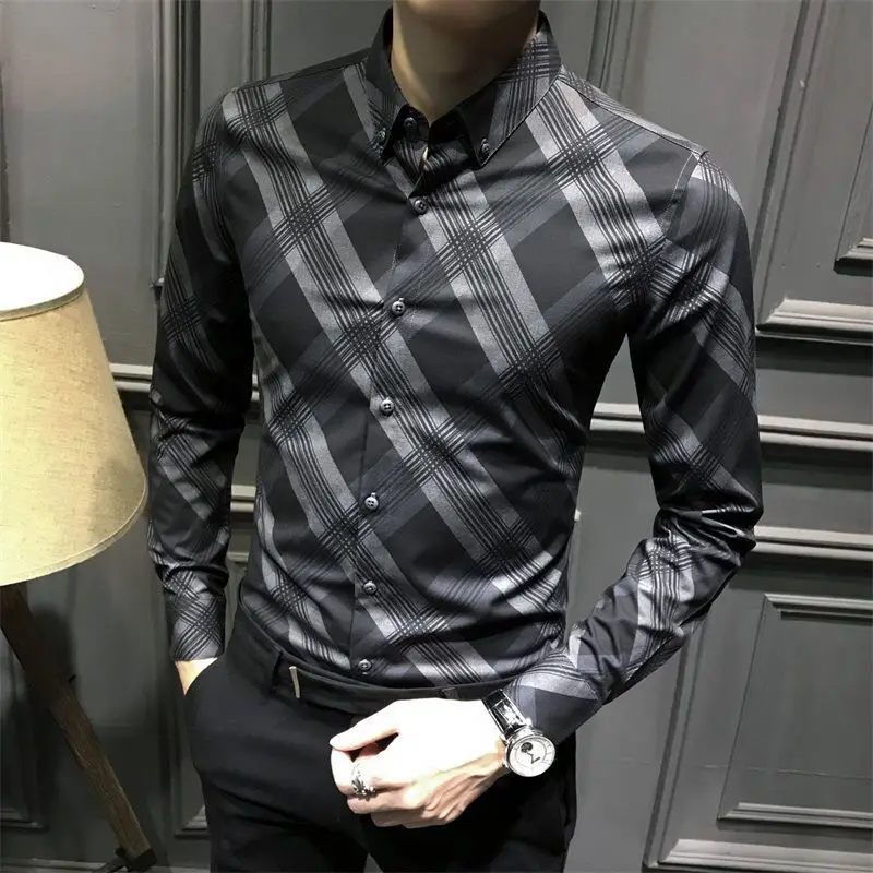 New Long Sleeve Plaid Shirt Korean version trendy men autumn leisure Slim fit Non-iron business men's shirt