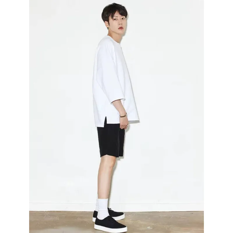 

Круглая футболка с воротником до половины рукава, свободная мужская летняя большая черно-белая модная тенденция, городская молодежная пятиминутная футболка с короткими рукавами