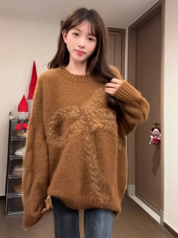 

Женский осенне-зимний свободный вязаный свитер Long Sve с 3D узлом, повседневный удобный утягивающий карамельный цвет