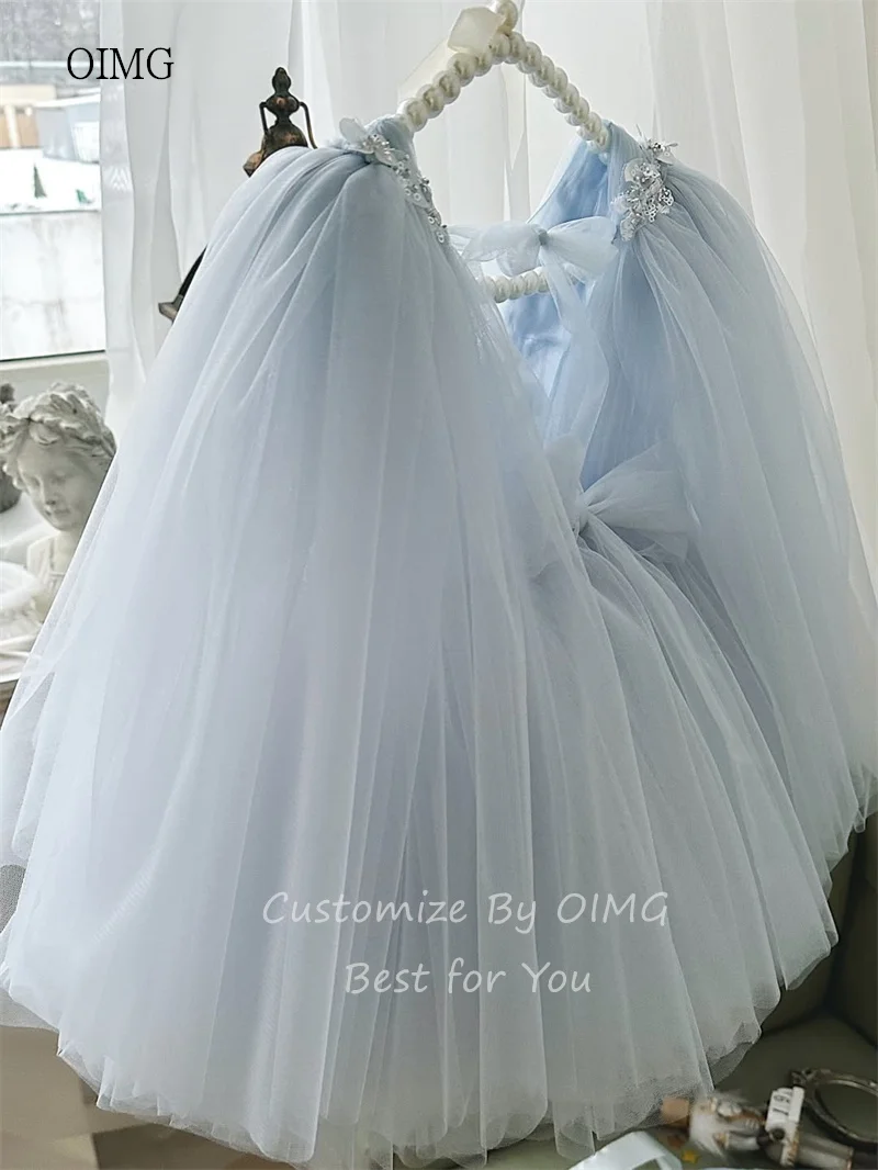 OIMG Sky Blue A-line Flower Girl Dresses 3D Flowers-detailed Mesh Wedding Party Gown Knee Length Birthday Dress niñas Customized